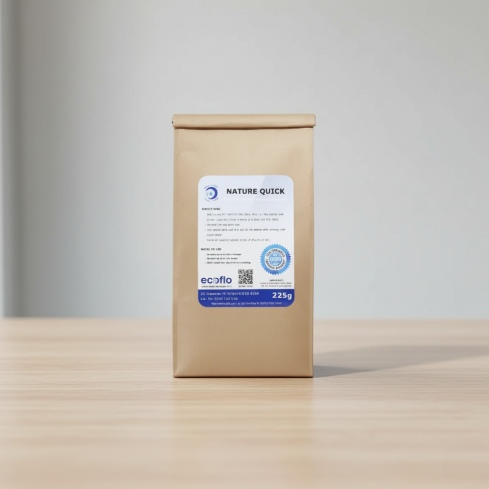 Brown paper package with a label on a wooden surface and light gray background