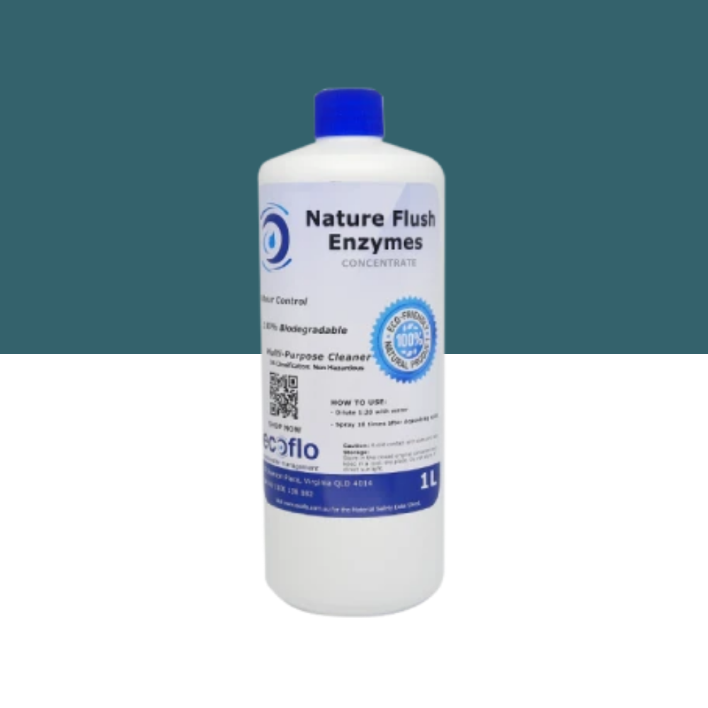 Front view of Nature Flush Enzymes bottle on a white and green background