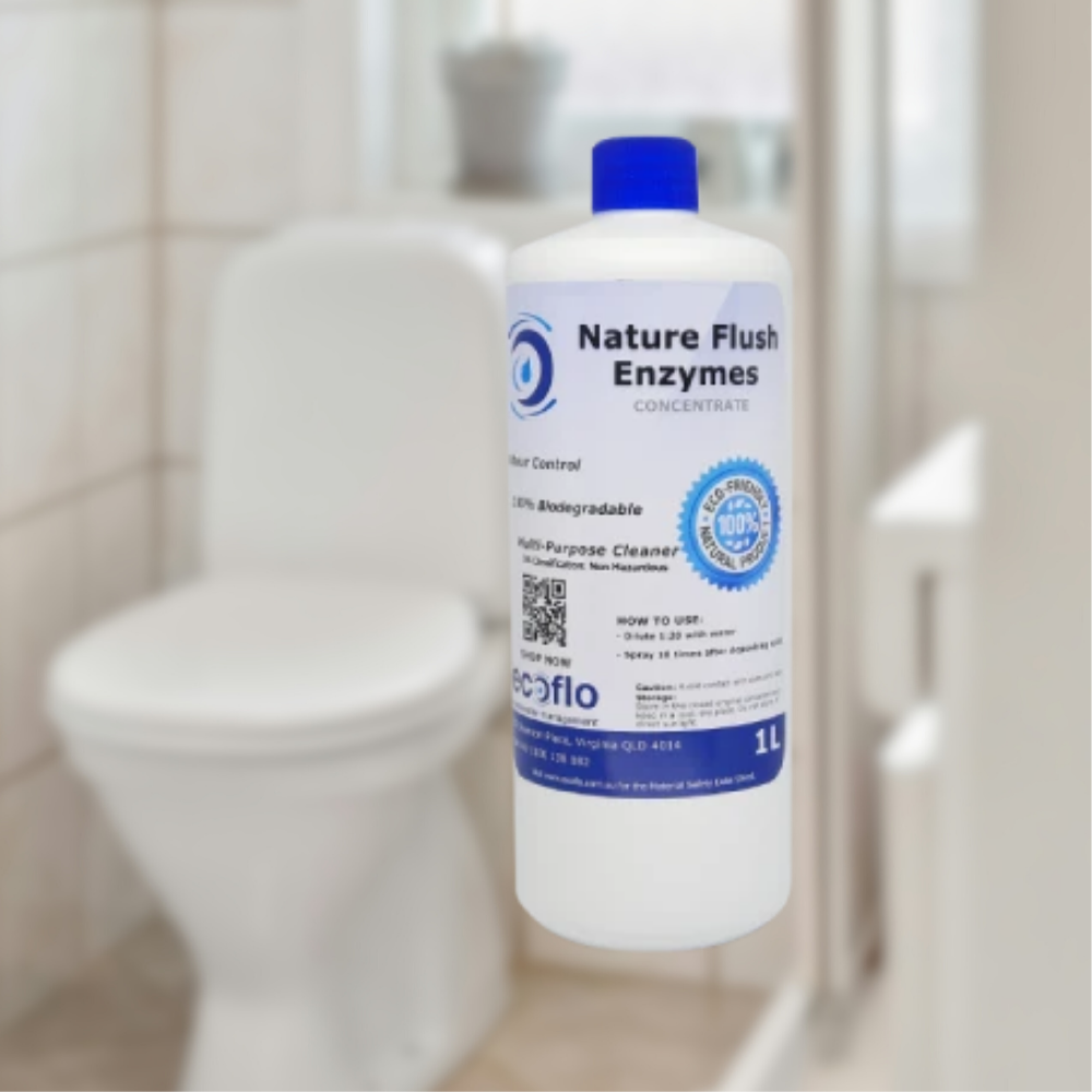 Bottle of Nature Flush Enzymes in front of a blurred toilet in a bathroom setting
