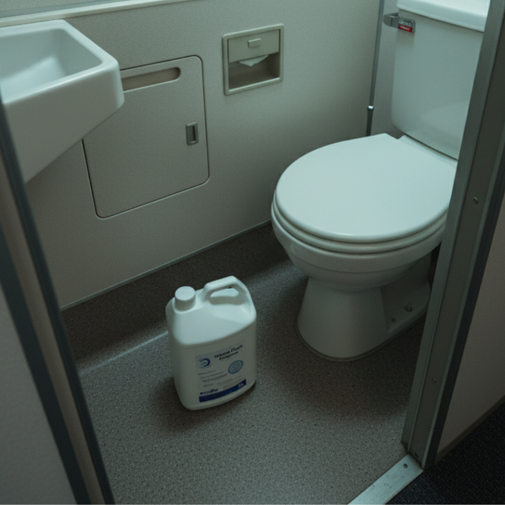Compact bathroom with toilet, sink, and cleaning container, Ecoflo Nature Flush Enzymes Composting Toilet Cleaner.