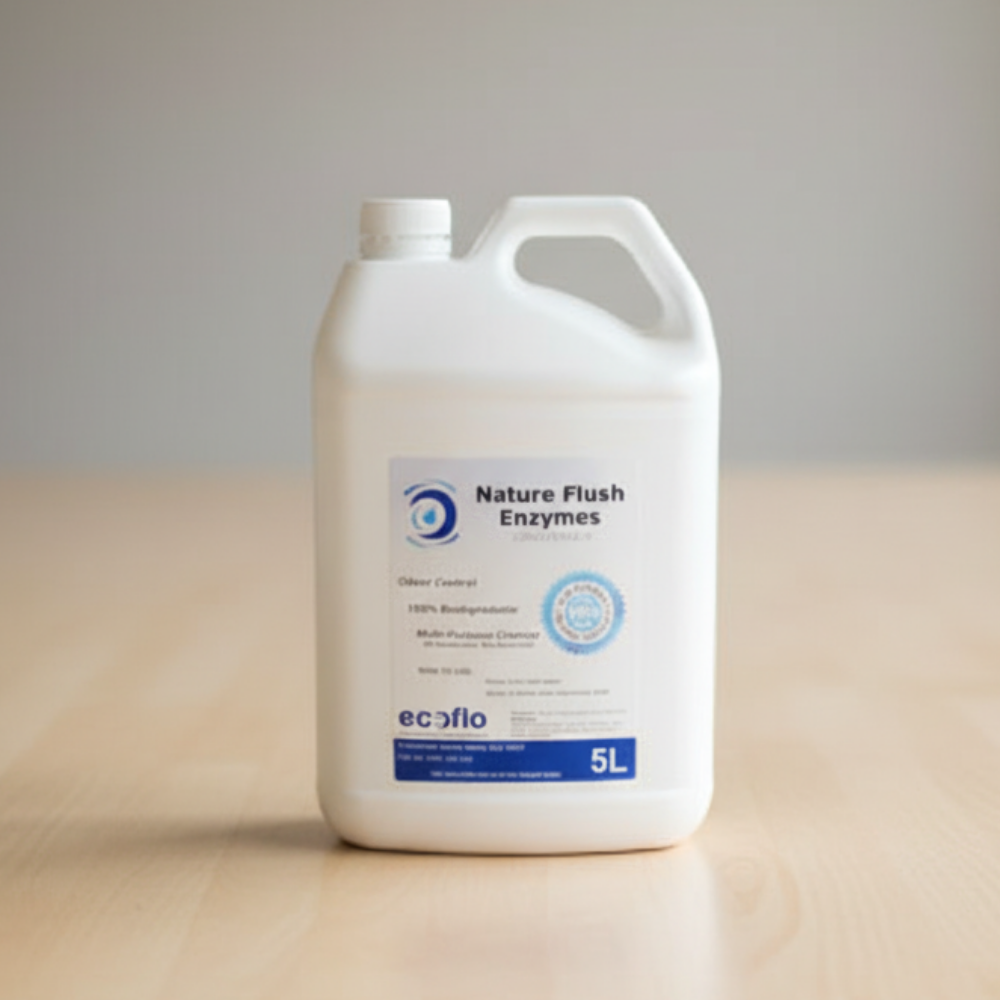 5-litre white container labelled 'Nature Flush Enzymes' on a beige surface with a neutral background
