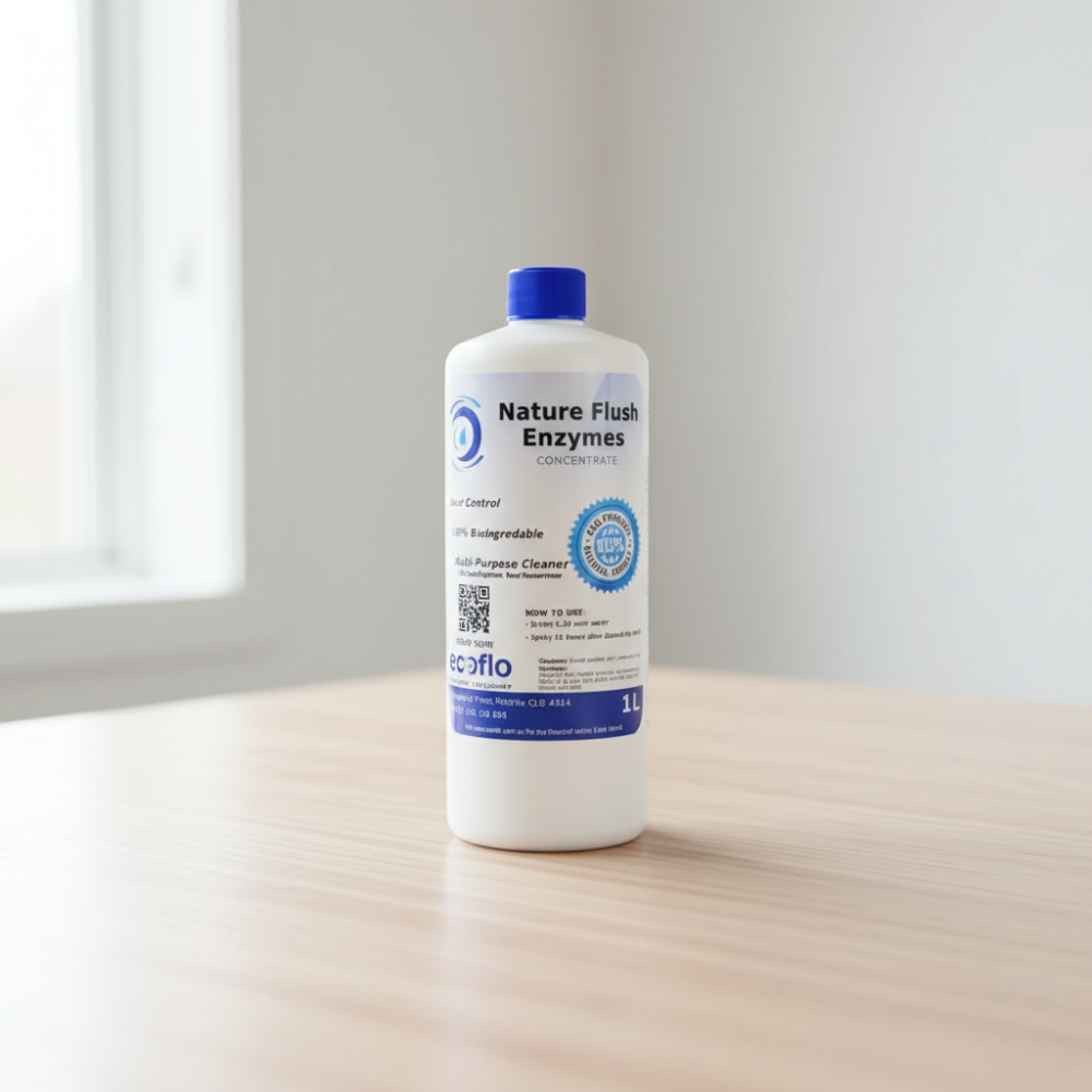 1 litre bottle of Nature Flush Enzymes on a wooden surface with a neutral background near a window