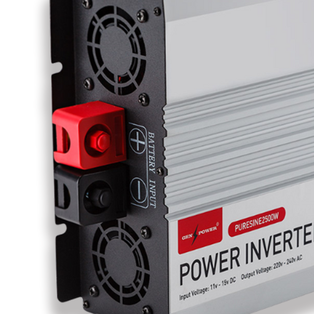 A closer-up image of the power inverter’s rear side, emphasising the cooling fans, red and black terminals, and build quality.