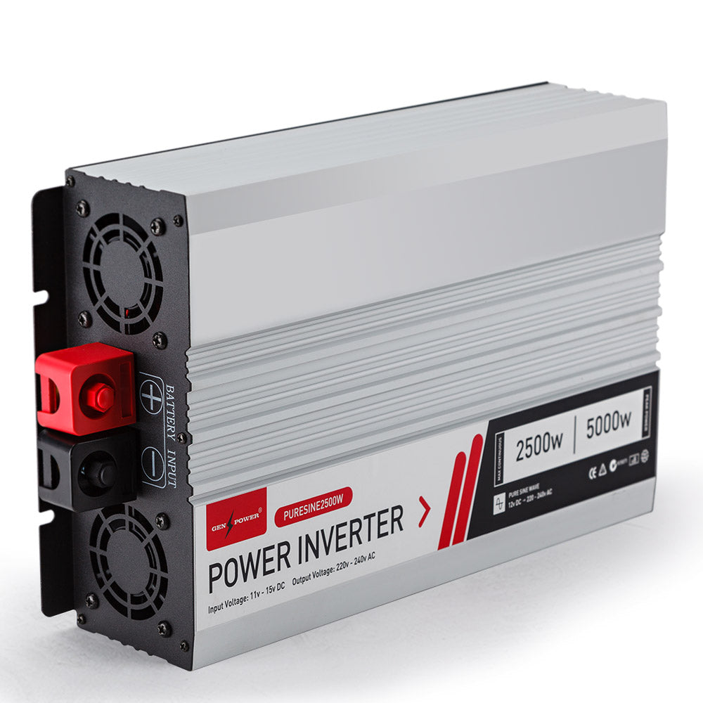 A side-angled view of a silver power inverter with black and red connection terminals. The label on the side highlights its capacity of 2500W continuous and 5000W peak power output.