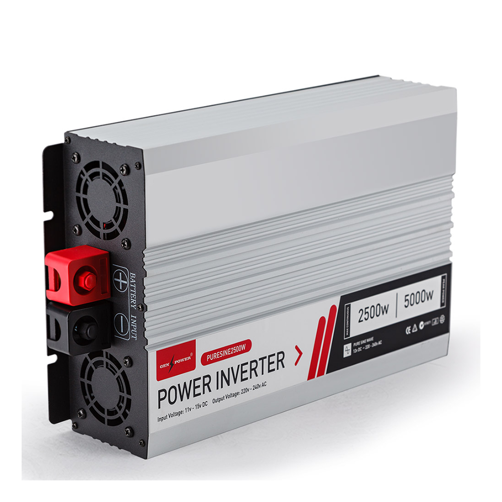 Another side-angled perspective of the power inverter, with a clearer view of the red and black terminal connections and dual cooling fans.