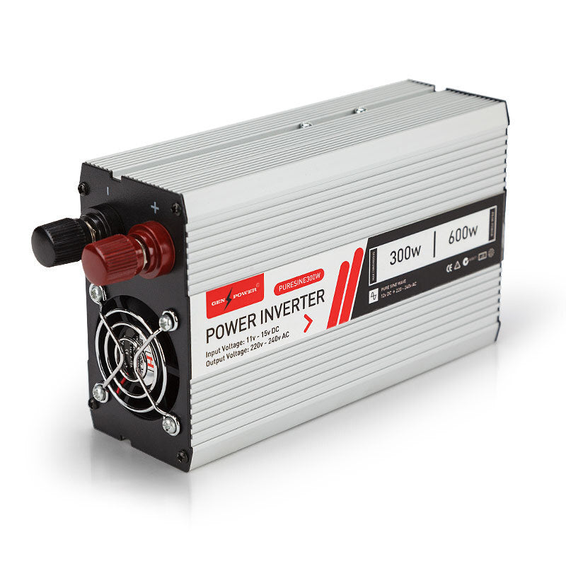 A side-angled view of the power inverter, highlighting its silver casing, red and black terminals, and compact design.