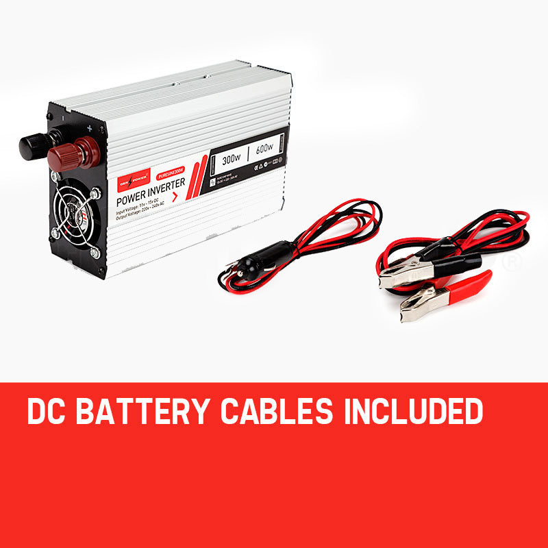 A product image of the power inverter alongside the included DC battery cables, emphasising the complete setup package.