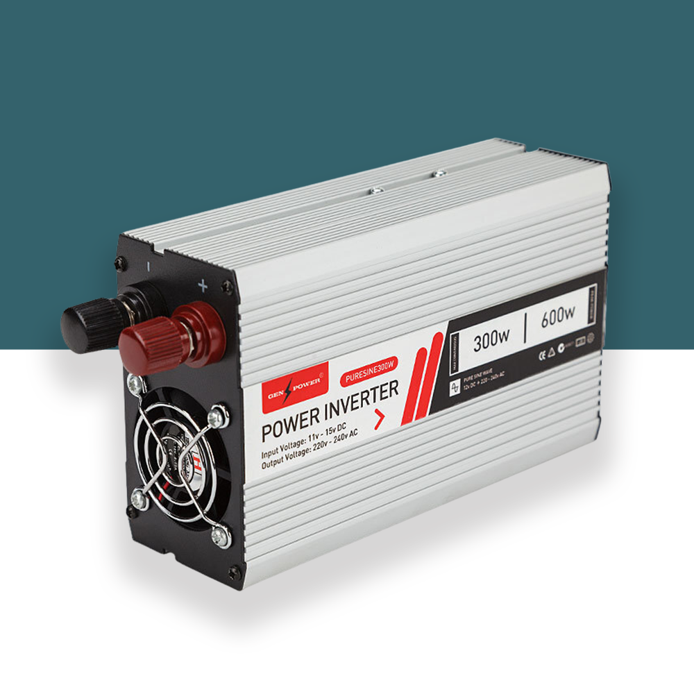 Another angled view of the power inverter set against a teal background, showcasing its sleek design and portability.