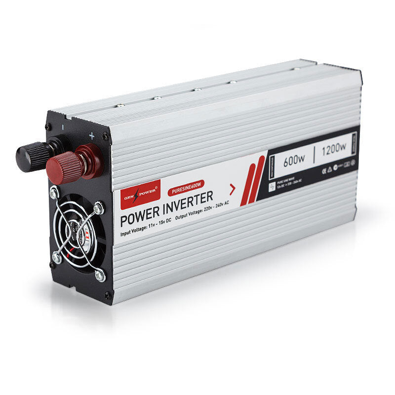 A full view of the power inverter, showcasing its silver casing, red and black terminals, and compact design.