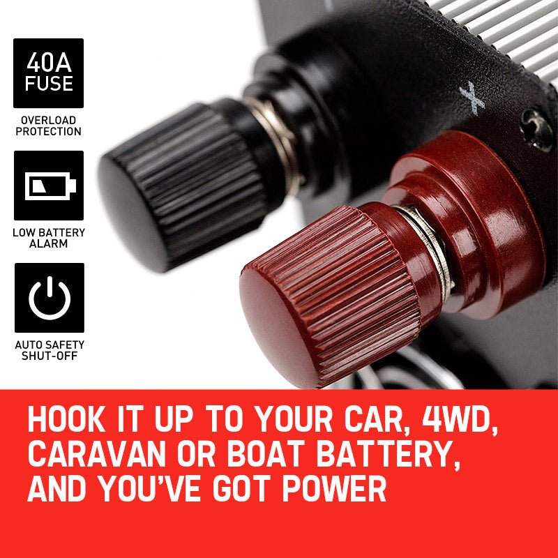 A close-up of the connection terminals, with the red and black connectors highlighted for attaching to a car, 4WD, caravan, or boat battery.
