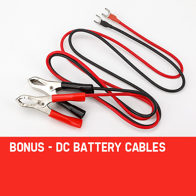 view of the included DC battery cables, highlighting the bonus accessories for easy setup.