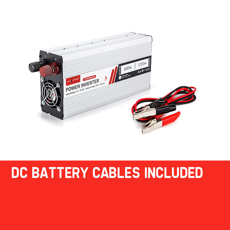 Another product shot of the inverter with the DC battery cables, highlighting everything included in the package.
