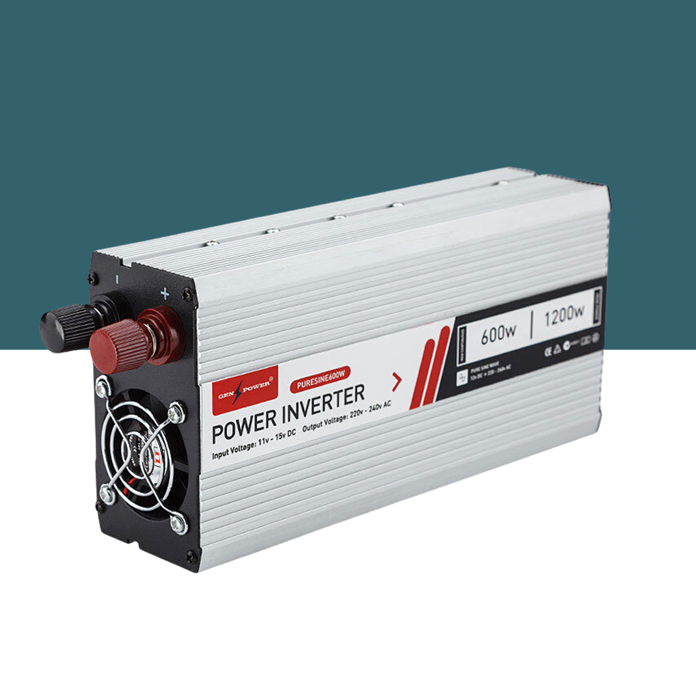 A final angled view of the inverter set against a clean teal background, showcasing its sleek and functional design.