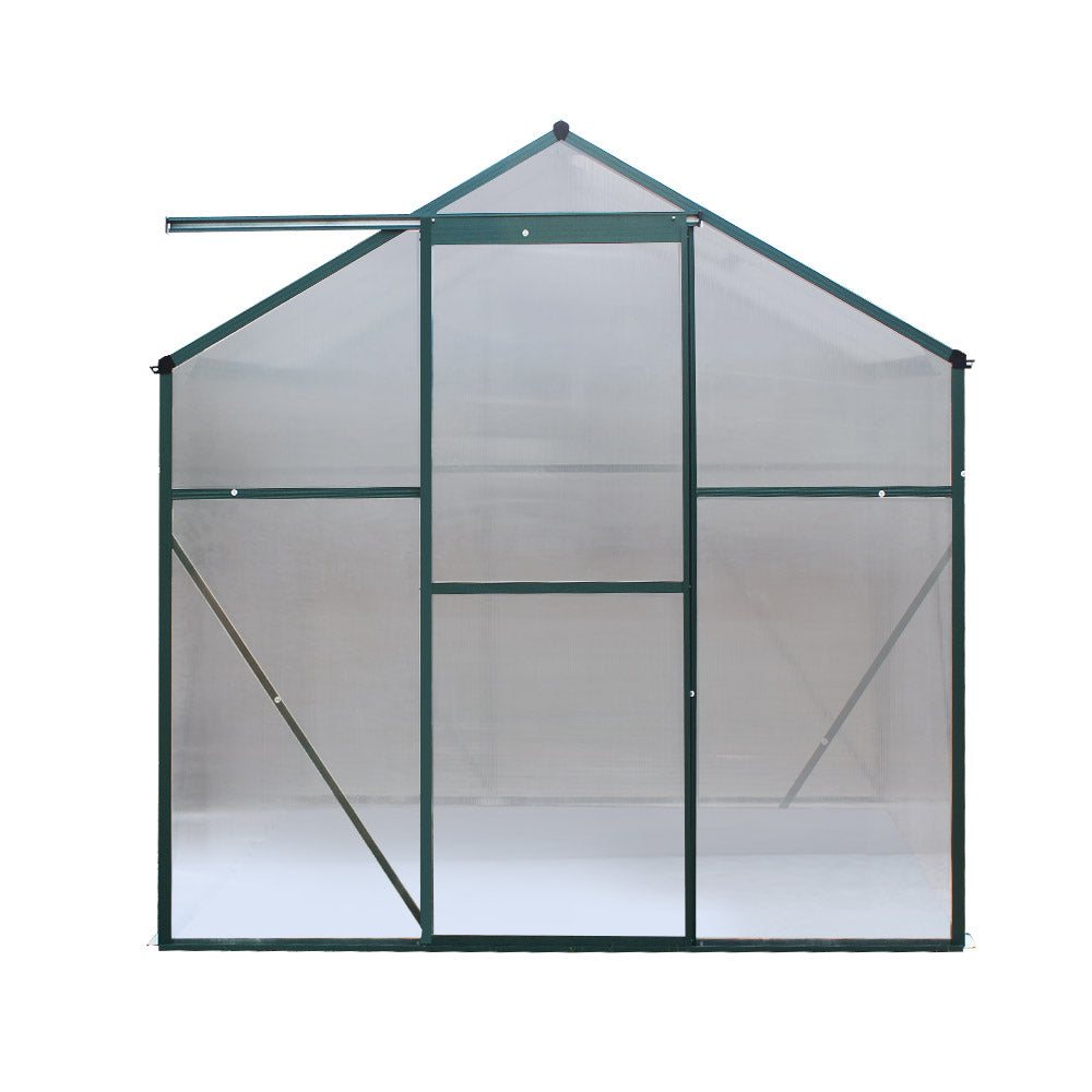 A front or side view of the greenhouse, displaying symmetrical panels with a pitched roof.