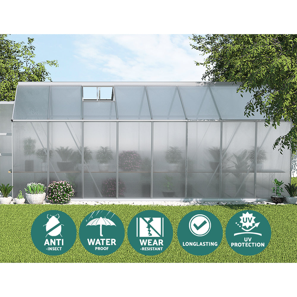 The greenhouse with icons showcasing benefits like eco-friendliness, UV protection, and durability.