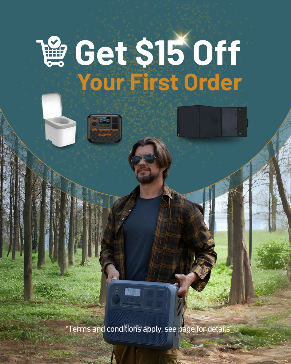 Man holding a portable power station in a forest with promotional text overlay.