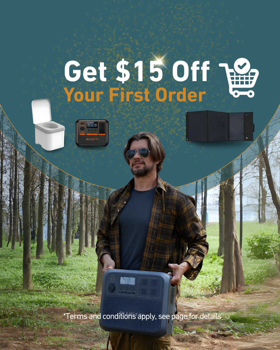 Man holding a portable power station in a forest with promotional text overlay.