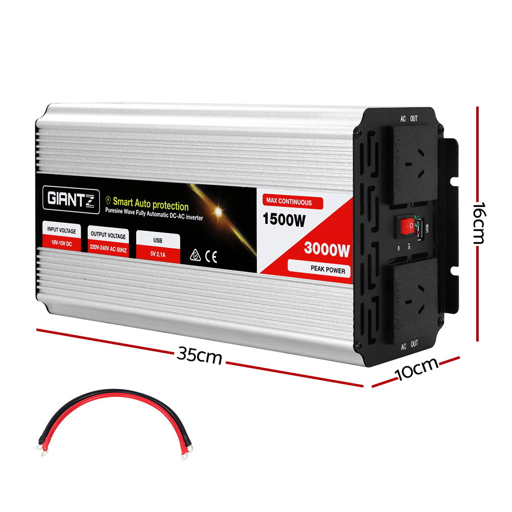 GIANTZ 1500W power inverter showing dimensions (35cm x 10cm x 19cm) and included red and black power cables.