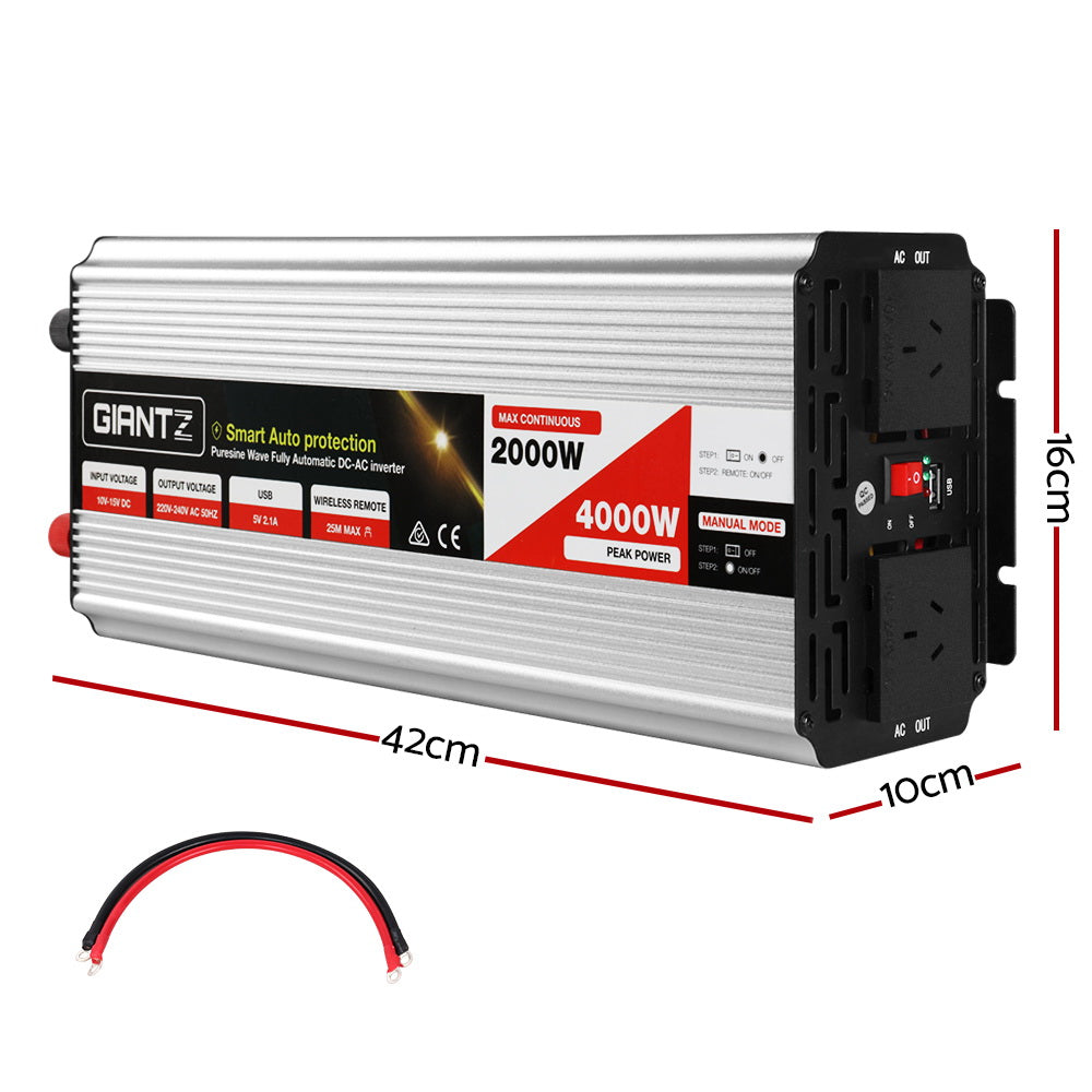 GIANTZ 2000W/4000W power inverter with dimensions (42cm x 10cm x 16cm) and included red and black cables.