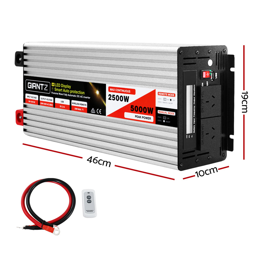 GIANTZ 12V 2500W Power Inverter with dimensions 46cm x 10cm x 19cm, shown with included red cable and remote.