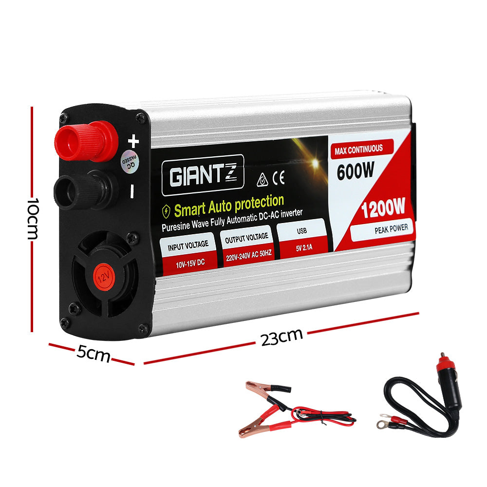 GIANTZ 600W/1200W silver and black power inverter with red/black terminals, shown with dimensions (23cm x 10cm x 5cm) and included charging cables.