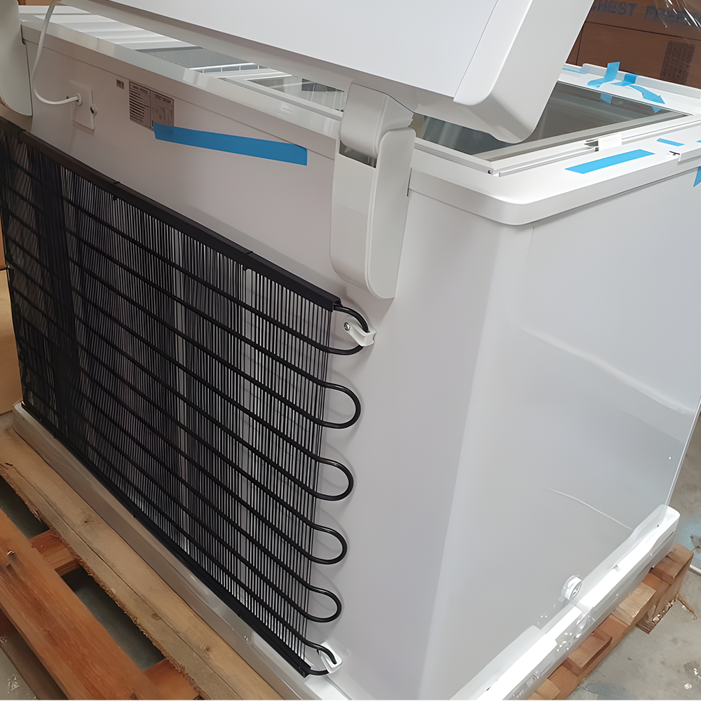 Chest Freezer Rear View with Cooling Coils – A close-up of the back of the chest freezer, highlighting its black cooling coils and ventilation system for efficient heat dissipation.