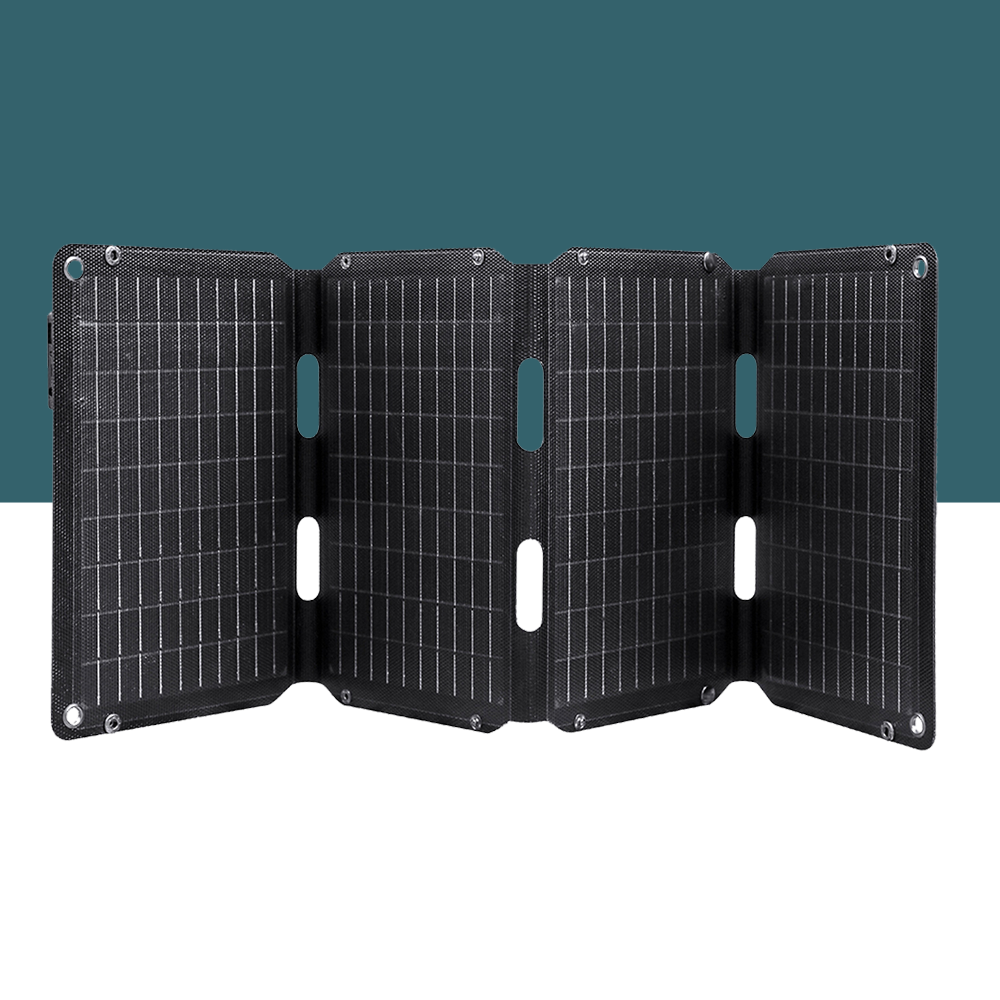 Displays the JumpsPower 40W Portable Foldable Solar Panel fully extended, showcasing its three-panel design. The image focuses on the product's sleek and durable structure, with visible cut-out handles for portability. The setting is clean and minimalist, highlighting the panel's practicality.