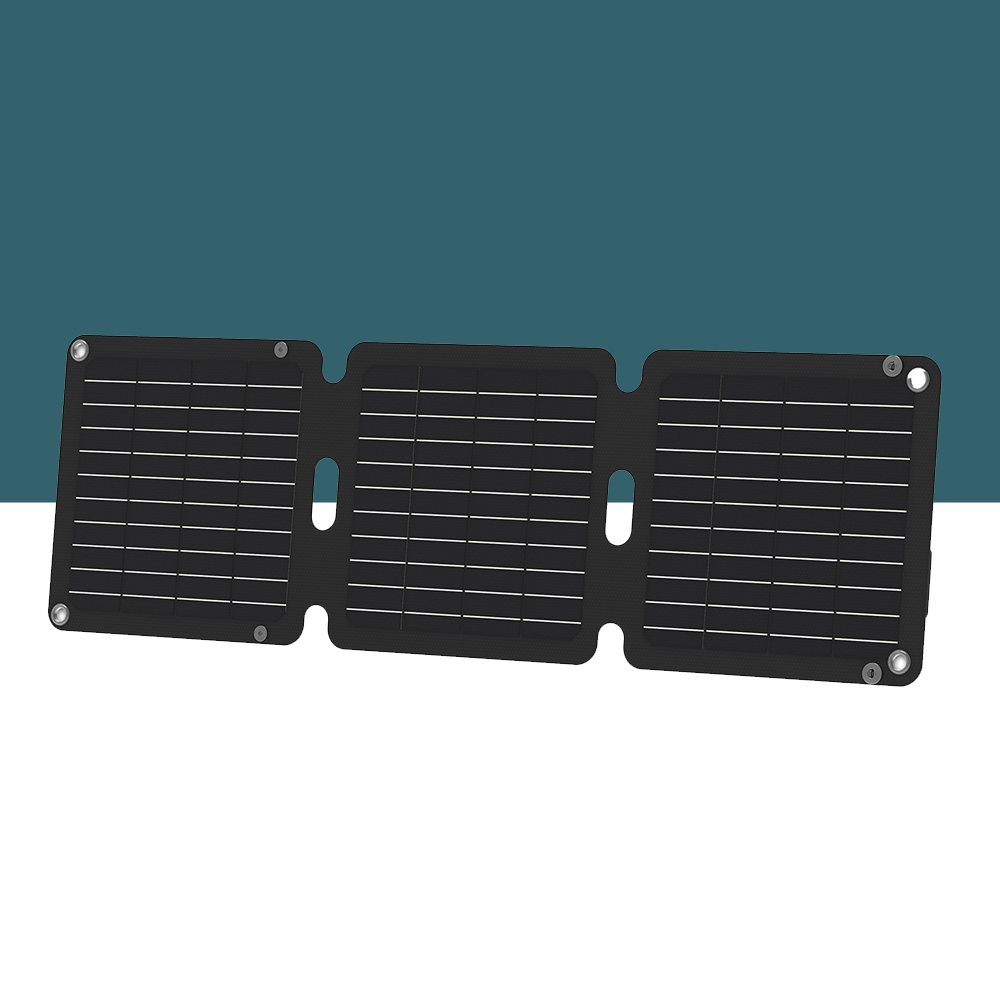 Displays the same foldable solar panel in a neutral setting, labelled "greenfingers-4-tier-1-6x0-7x0-5m-mini-greenhouse-garden-bed". The focus is entirely on the product, showing its three-segment design and compact structure without any promotional text or additional context.