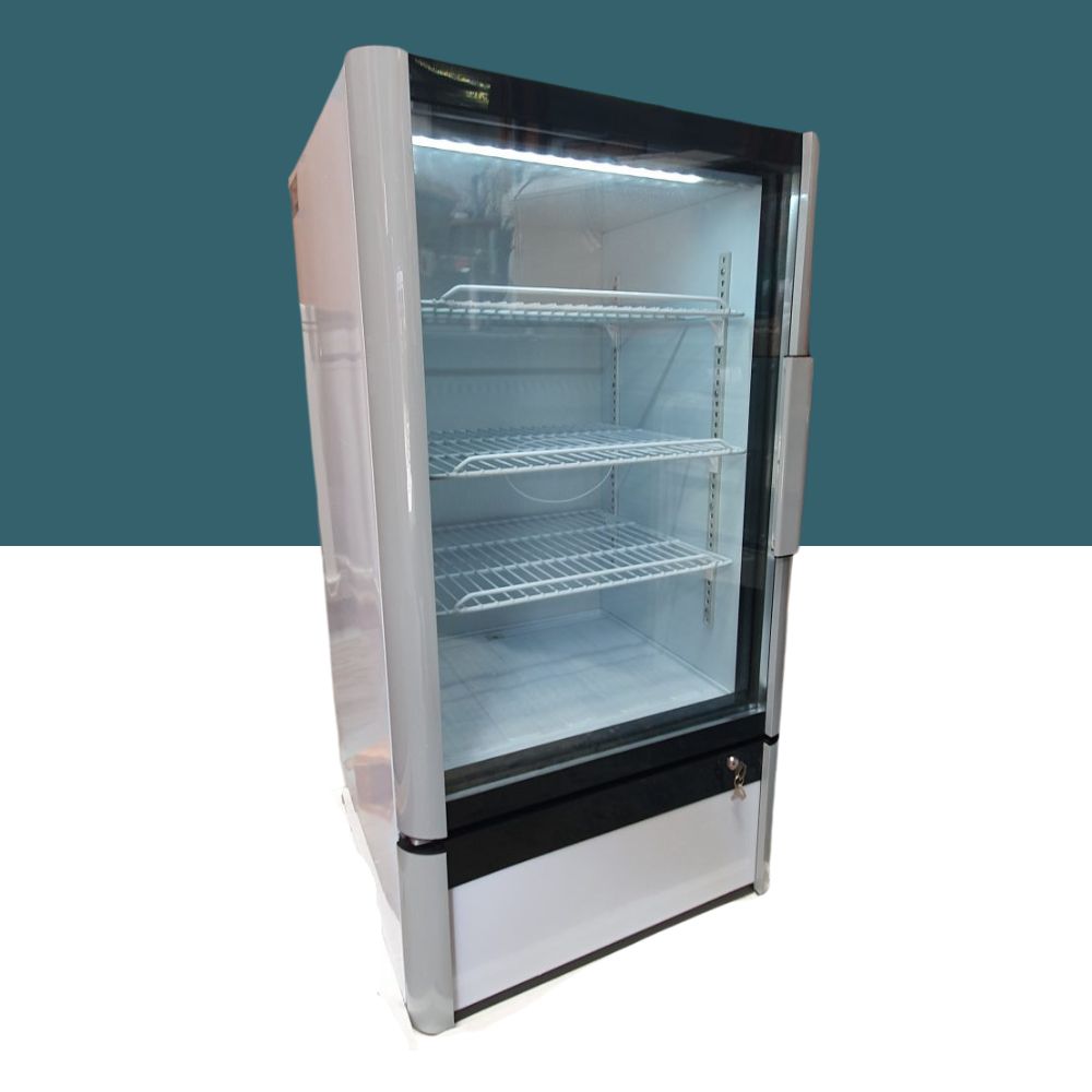Solazone solar-powered display fridge with glass door, LED lighting, and multiple shelves for merchandising