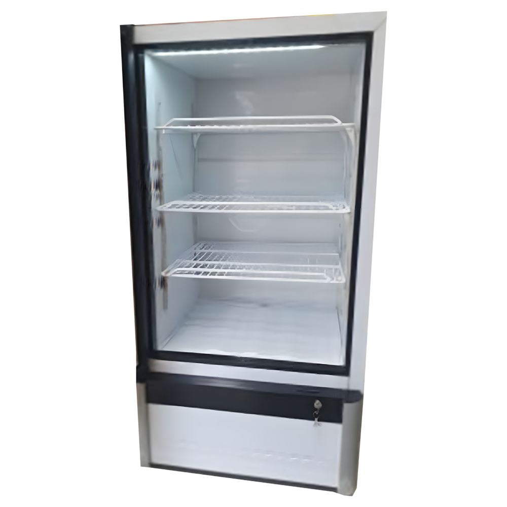 Front view of Solazone solar-powered display fridge, showing glass door and adjustable shelves