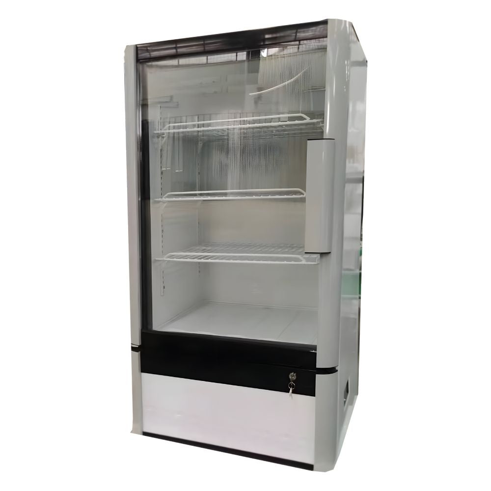 Side angle of Solazone solar-powered display fridge, highlighting its sleek design and energy efficiency.