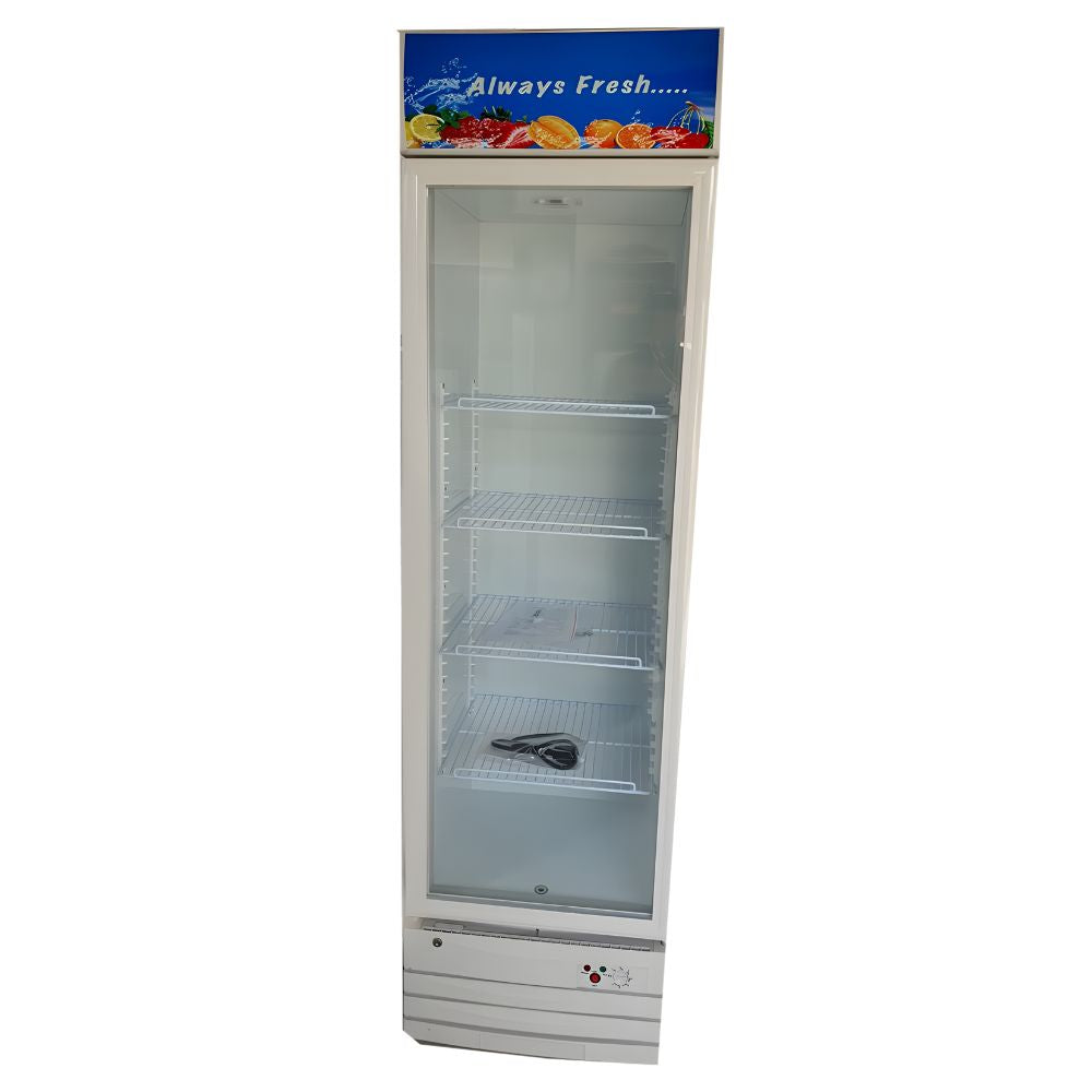 Solazone solar-powered display fridge with ‘Always Fresh’ branding, ideal for showcasing refrigerated goods