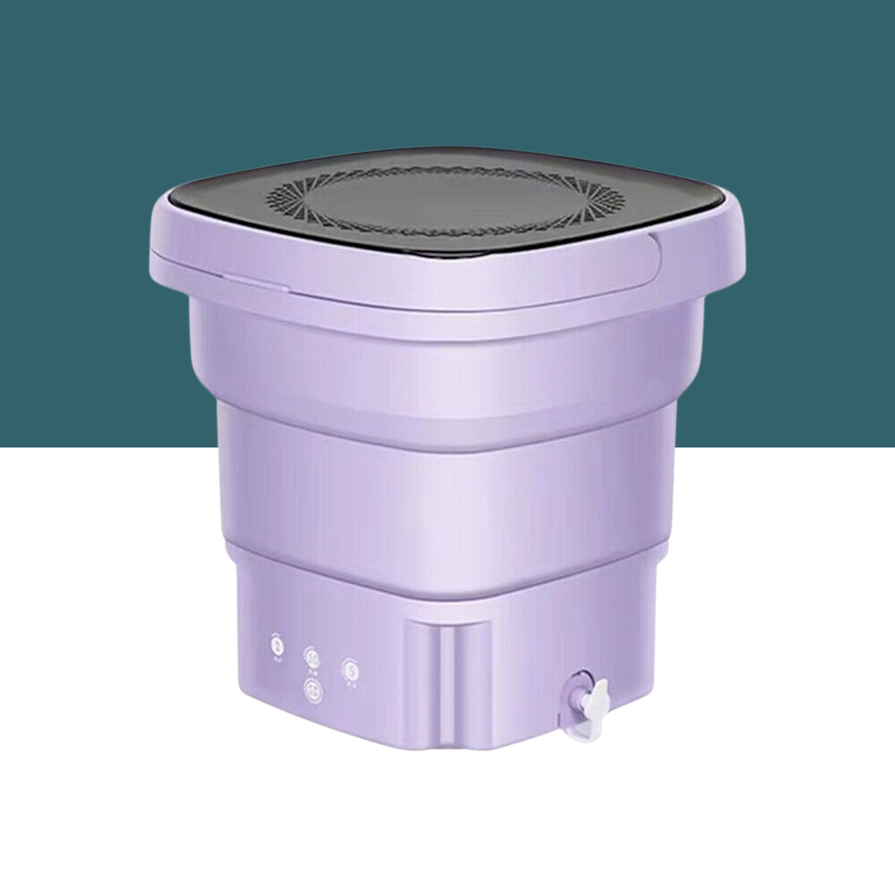 Collapsible purple mini washing machine with a black lid, drain valve, and control buttons, placed on a white and teal background.