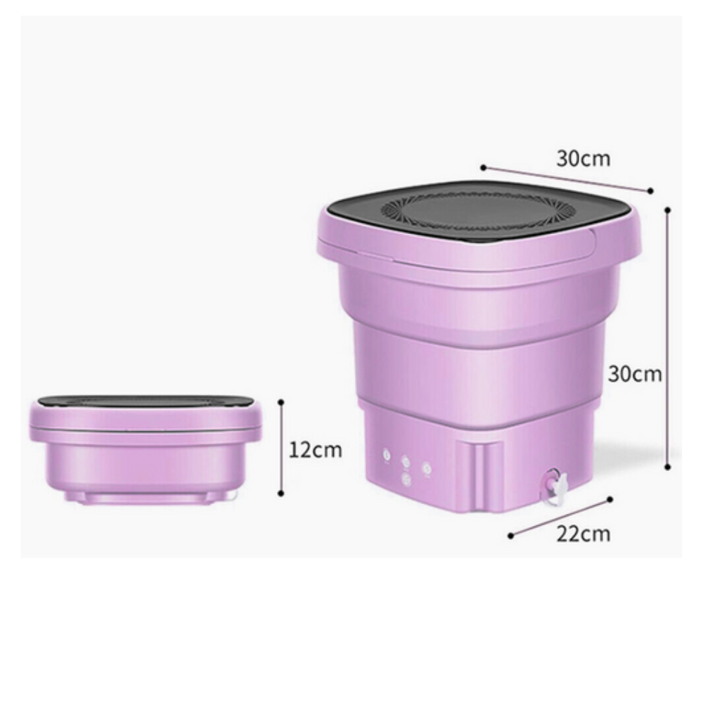 Technical diagram of the purple washing machine, showing expanded and collapsed height dimensions.