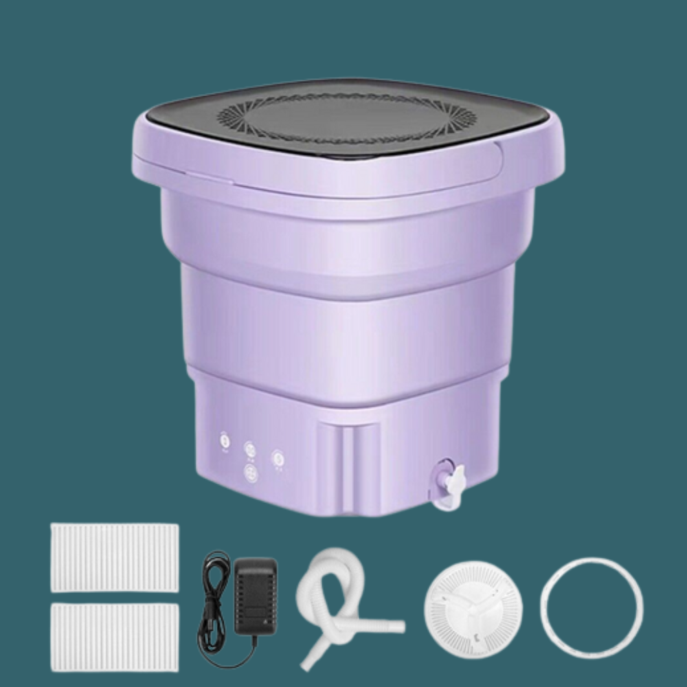 Purple portable washing machine with accessories, including a drain hose, power cord, filter, and suction base, displayed on a teal background.