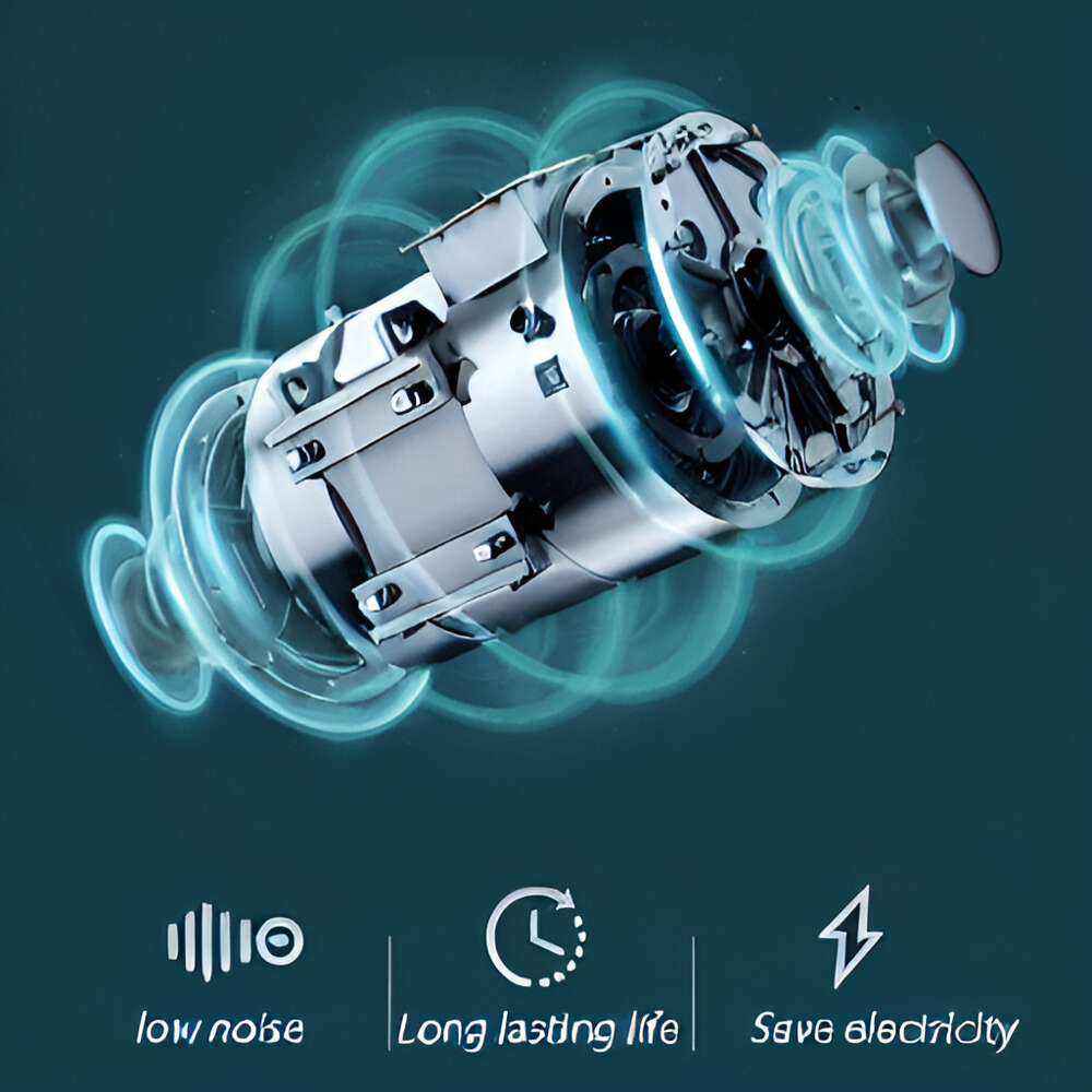 Motor diagram of the mini washing machine, highlighting features like low noise, long durability, and energy efficiency.