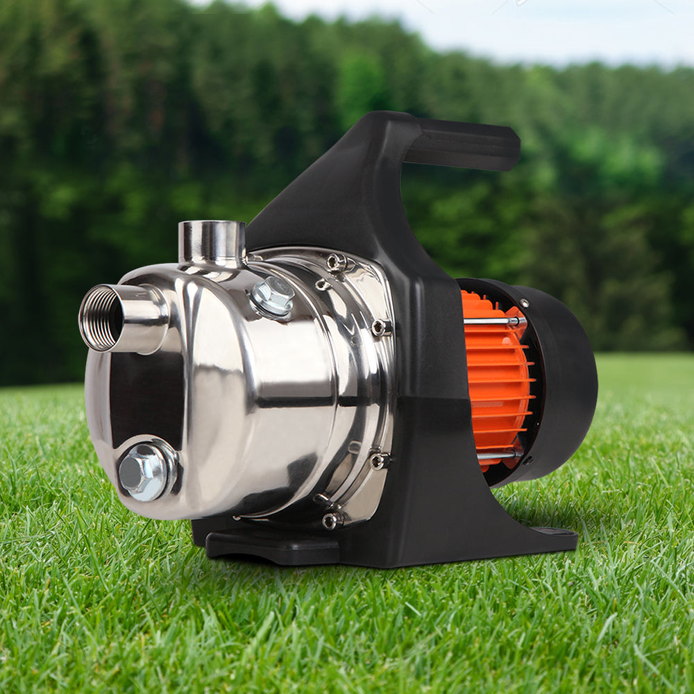 Side view of the water pump displayed on a lawn, ideal for outdoor and garden applications