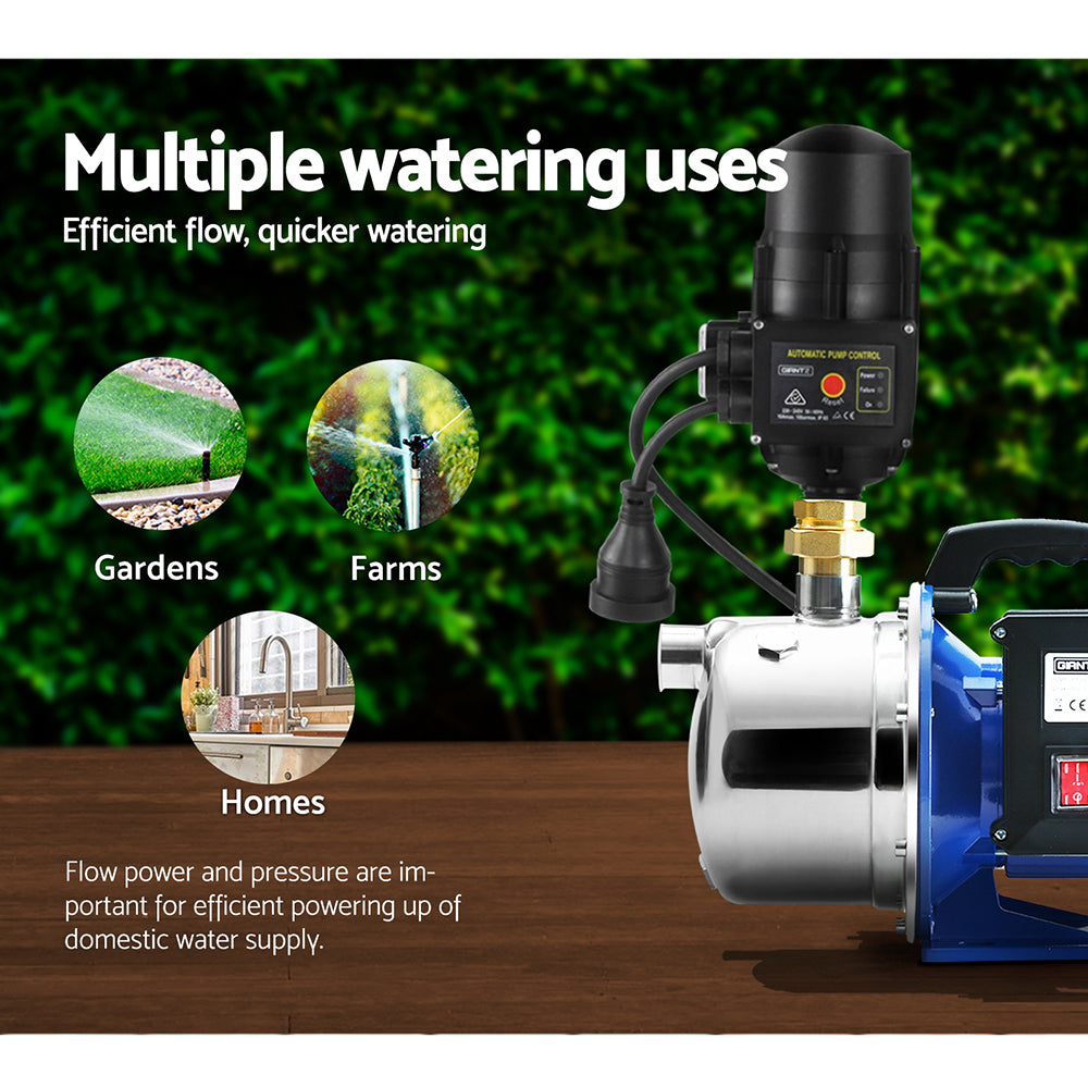 Multiple Watering Uses Overview - Infographic showcasing the water pump's versatility for irrigation, garden, and household applications.