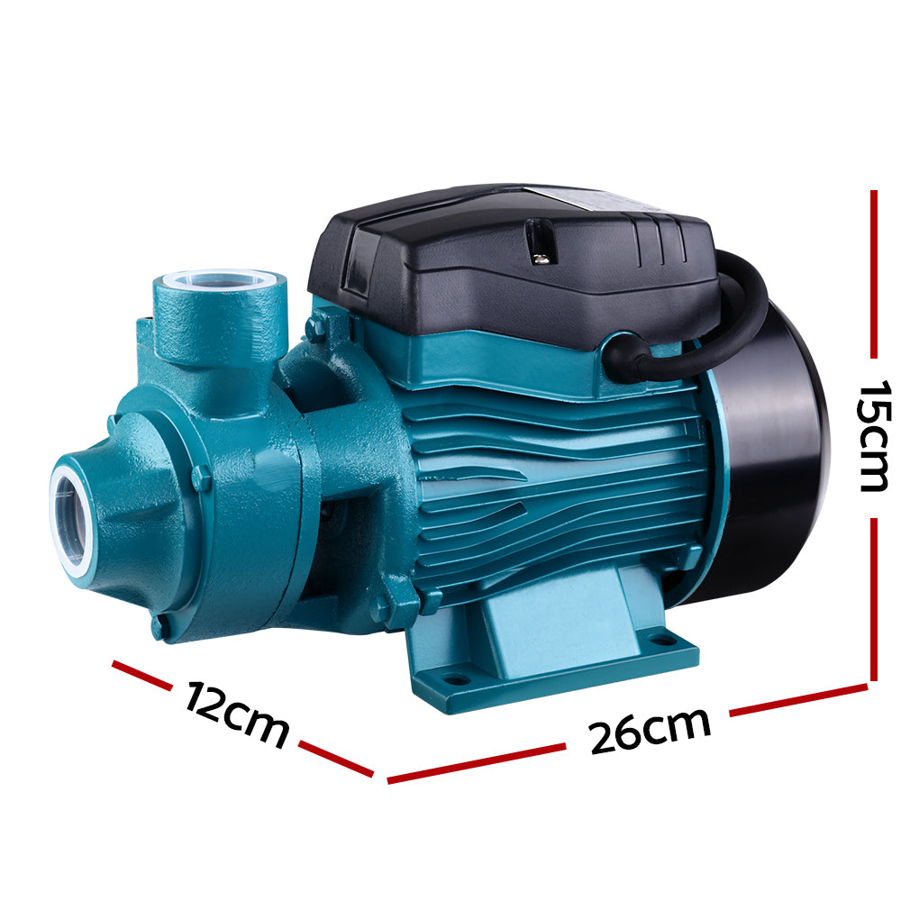 Dimensions of the Product are displayed on a half-white, half-teal background, showing the full side profile of the pump.