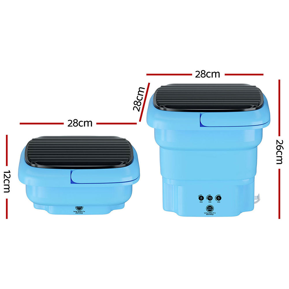 Compact blue foldable mini washing machine shown expanded and collapsed with 28cm x 28cm x 27.5cm dimensions.
