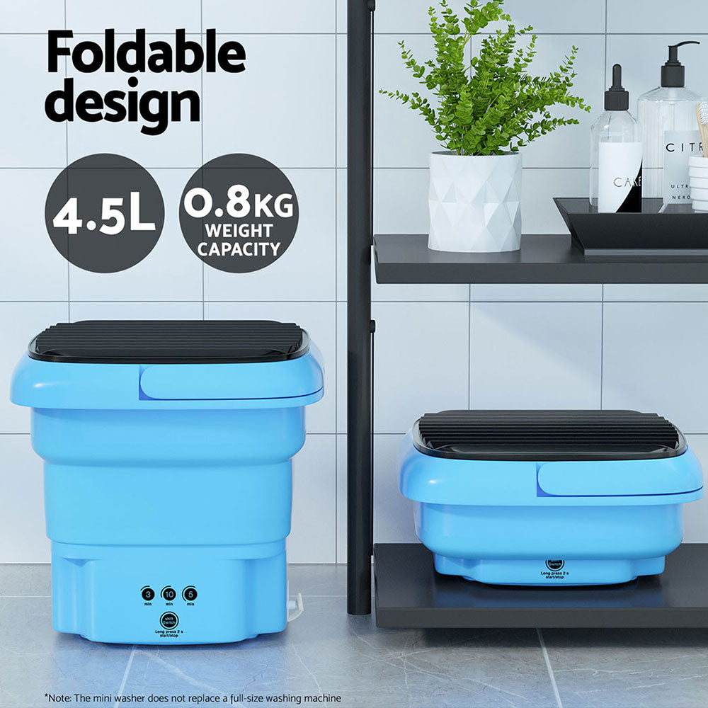 Foldable 4.5L mini washing machine displayed in expanded and collapsed states beside a plant and sink.
