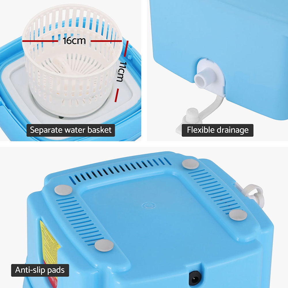 Top-down view of blue foldable mini washing machine with washing basket and hose accessories.