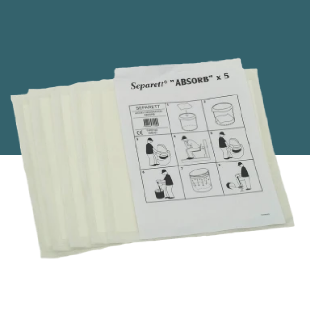 Pack of Separett 'Absorb' pads with instructions on a white and green background