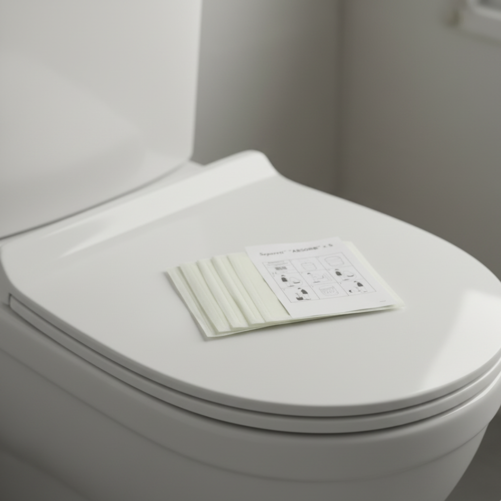 White toilet with a manual on top in a bathroom setting
