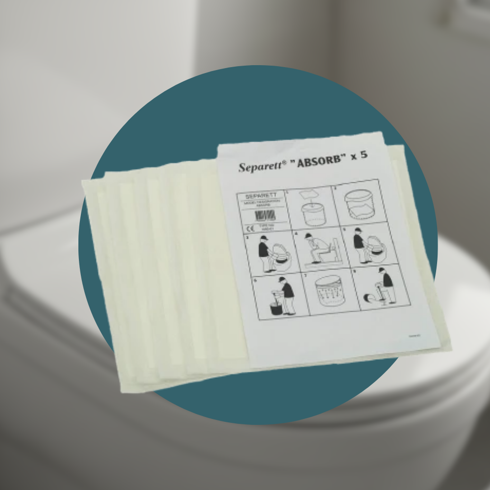 Pack of Separett 'Absorb' absorbent pads on a white surface with a green circular overlay.