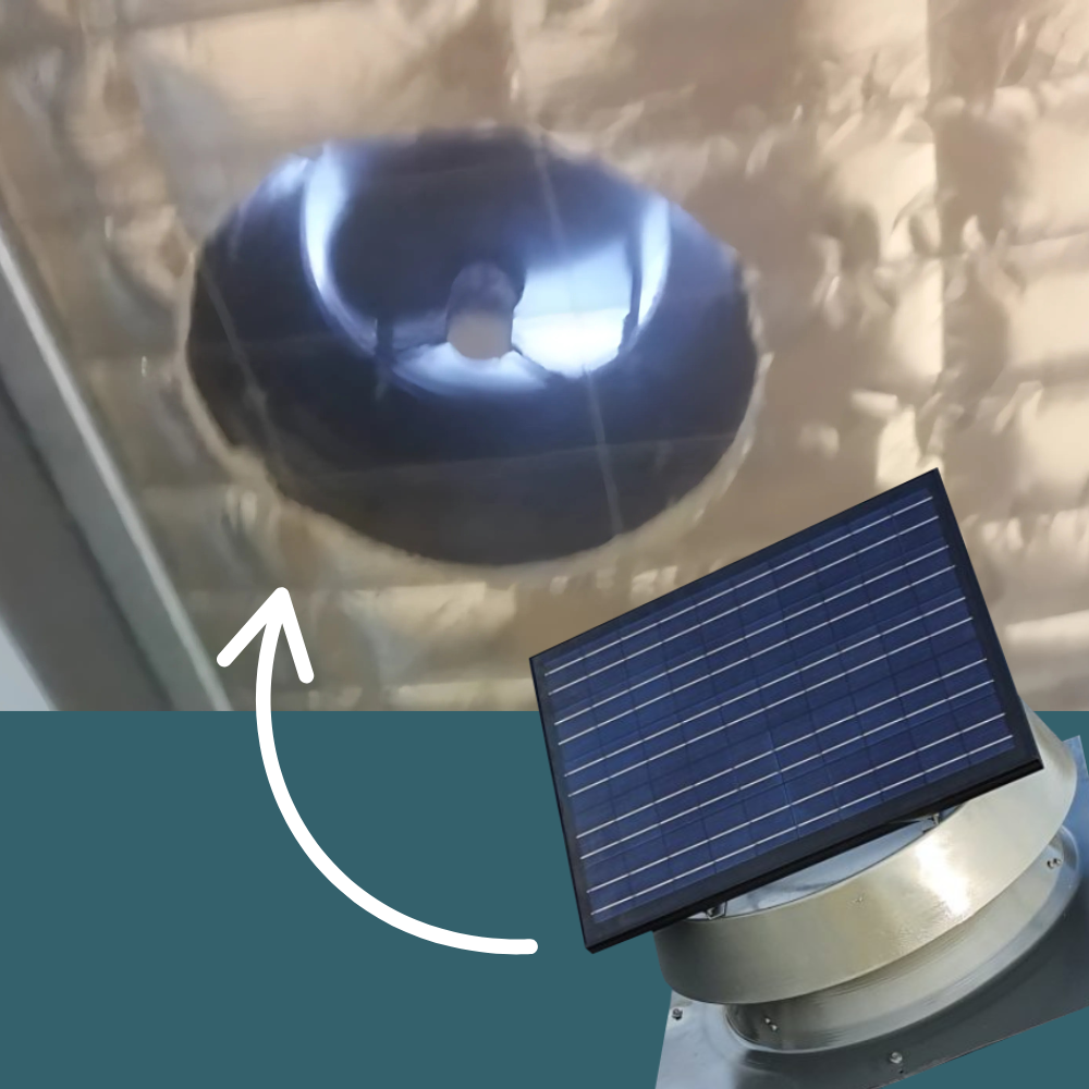 Silver solar ventilator with graphic arrow indicating installation or adjustment.