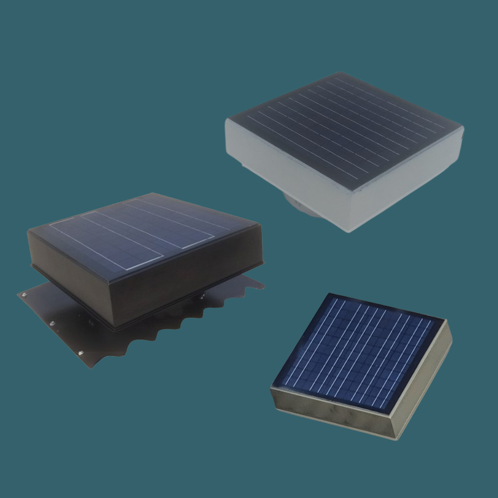 Rendered image showing multiple views and components of a solar ventilator including casing and panel layout.