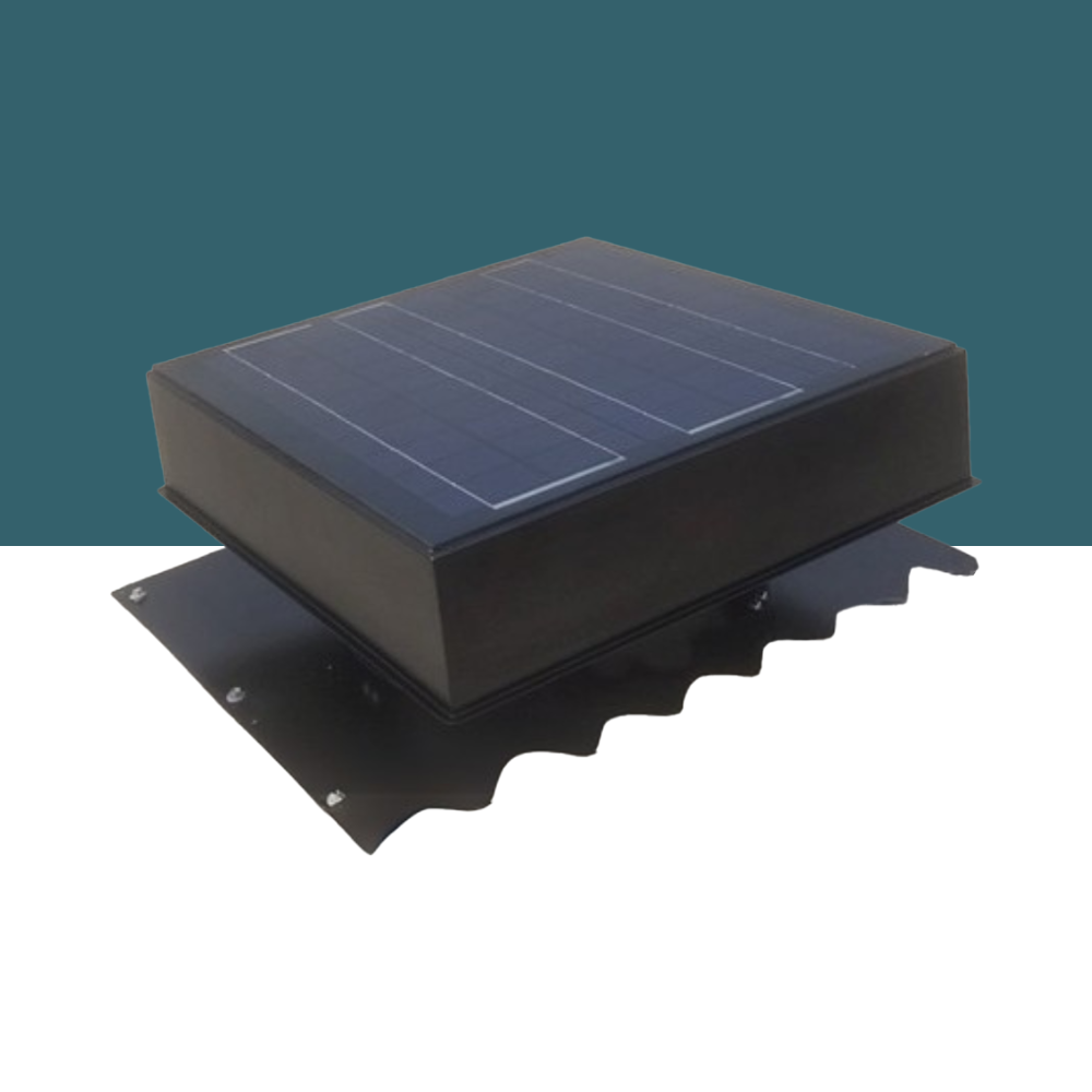 3D render of a solar roof ventilator placed on a corrugated metal roof with a teal background.