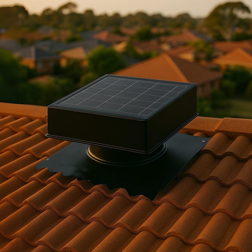 Solar roof ventilator installed on a tiled roof overlooking an Australian suburban neighbourhood at sunset.