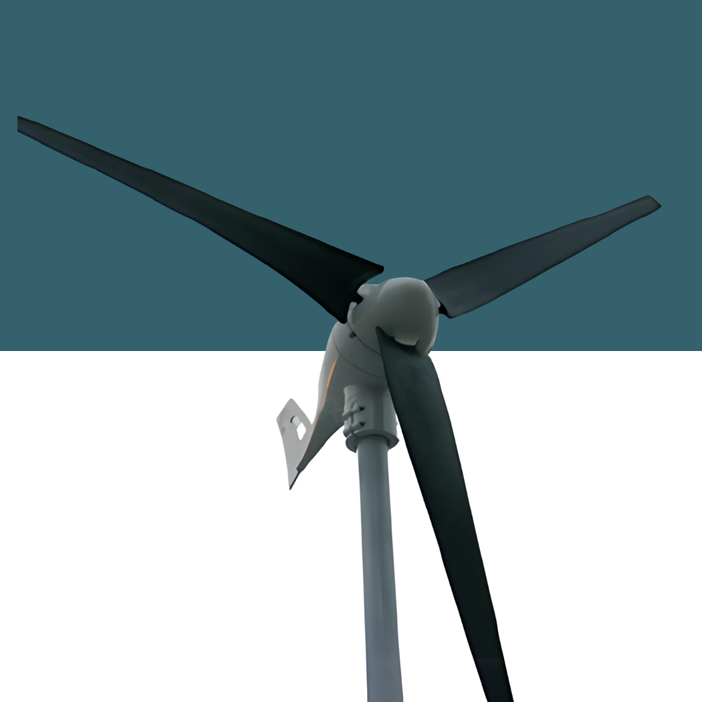 Front view of a three-blade wind turbine against a split teal and white background.